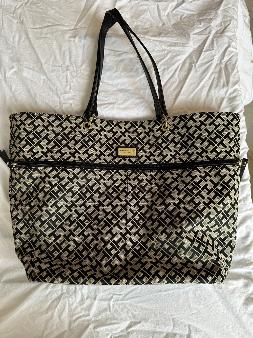 Tommy Hilfiger Black and Cream Logo Jacquard Tote